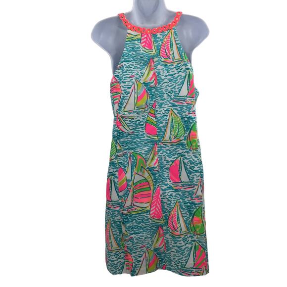 Lilly Pulitzer Halter Neck Floral Shift Sasha Dress in Ugotta Regatta 16 EUC - Picture 2 of 6